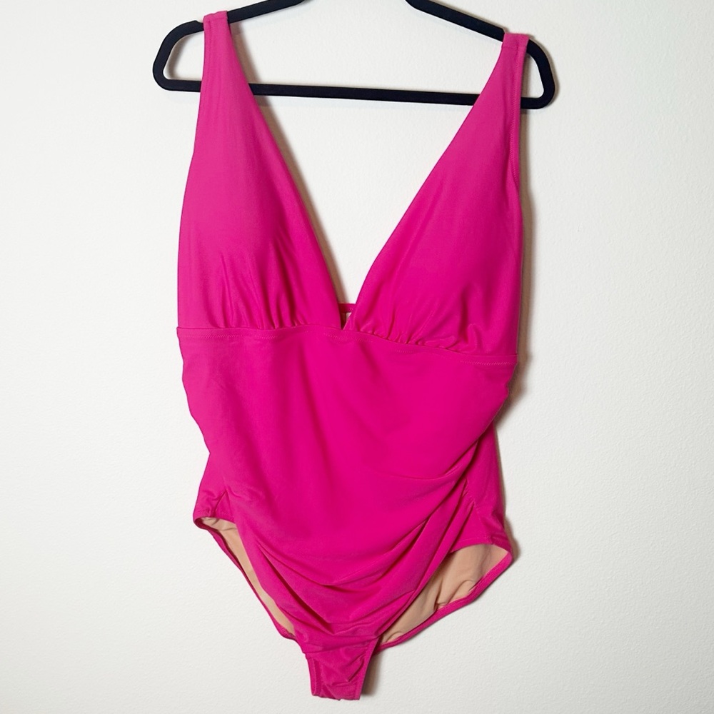 NWOT J Crew V Neck Ruched One Piece Swimsuit Hot Pink 3X